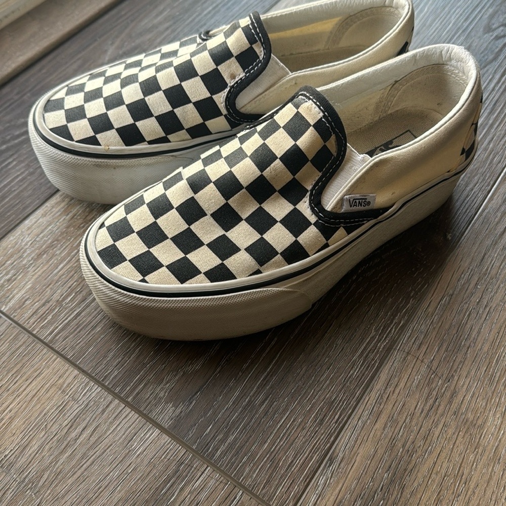 Vans Black and White Checkerboard Platform Slip-Ons